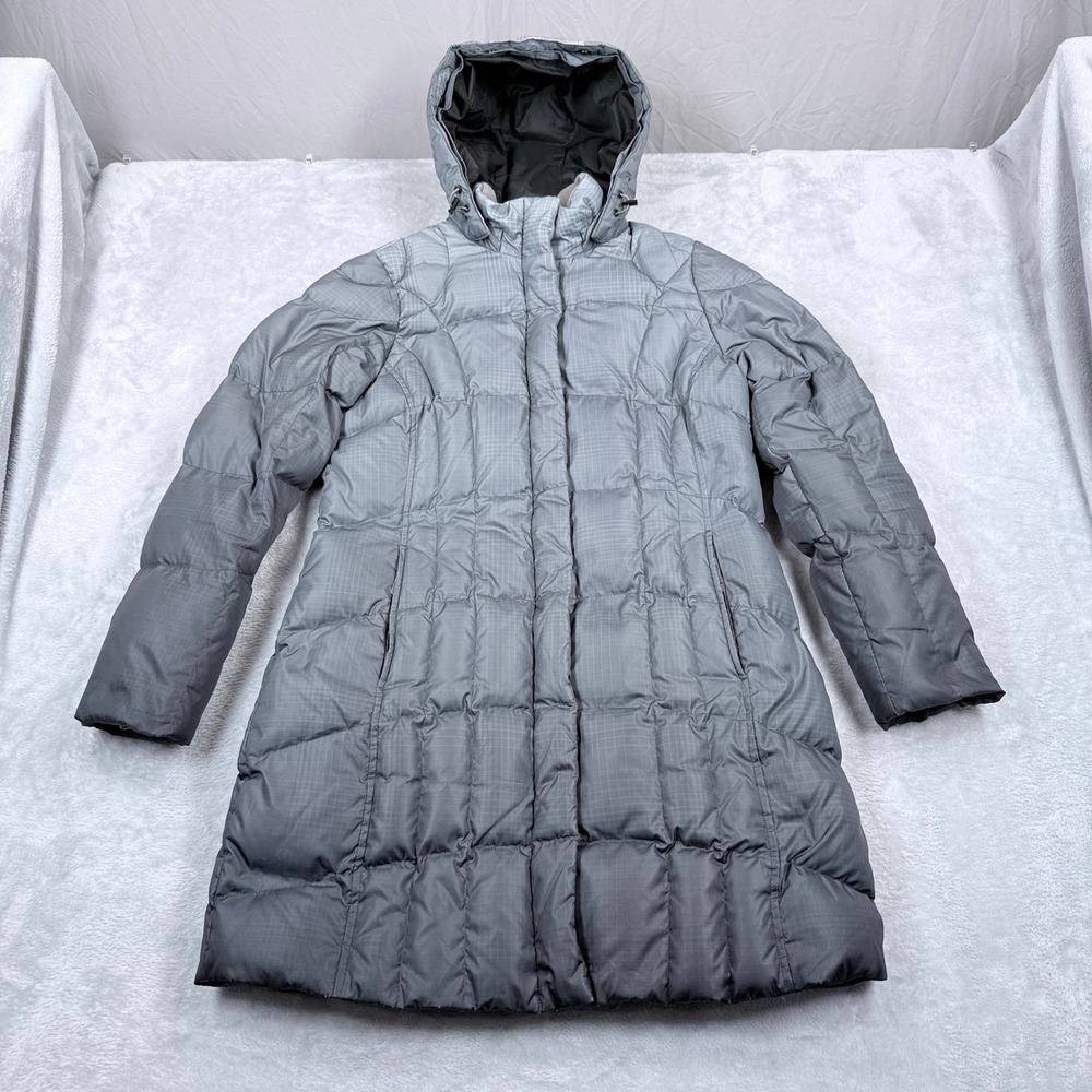Eddie Bauer Lodge Down Parka Women Large Grey Hooded Quilted Insulated Coat Long